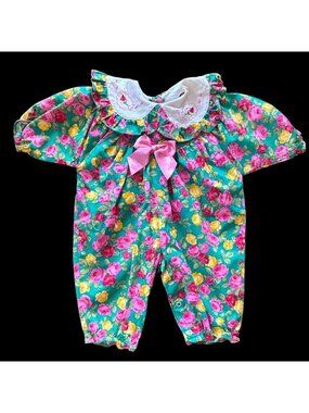 Vintage Floral Baby Romper Embroidered Collar & Bow Snap Closure 6-9 Mo.